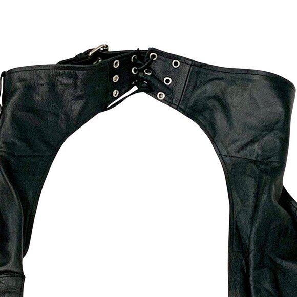 Genuine Leather Black Motorcycle Chaps Moto Adjustable Buckle Straps Size S - Picture 3 of 12